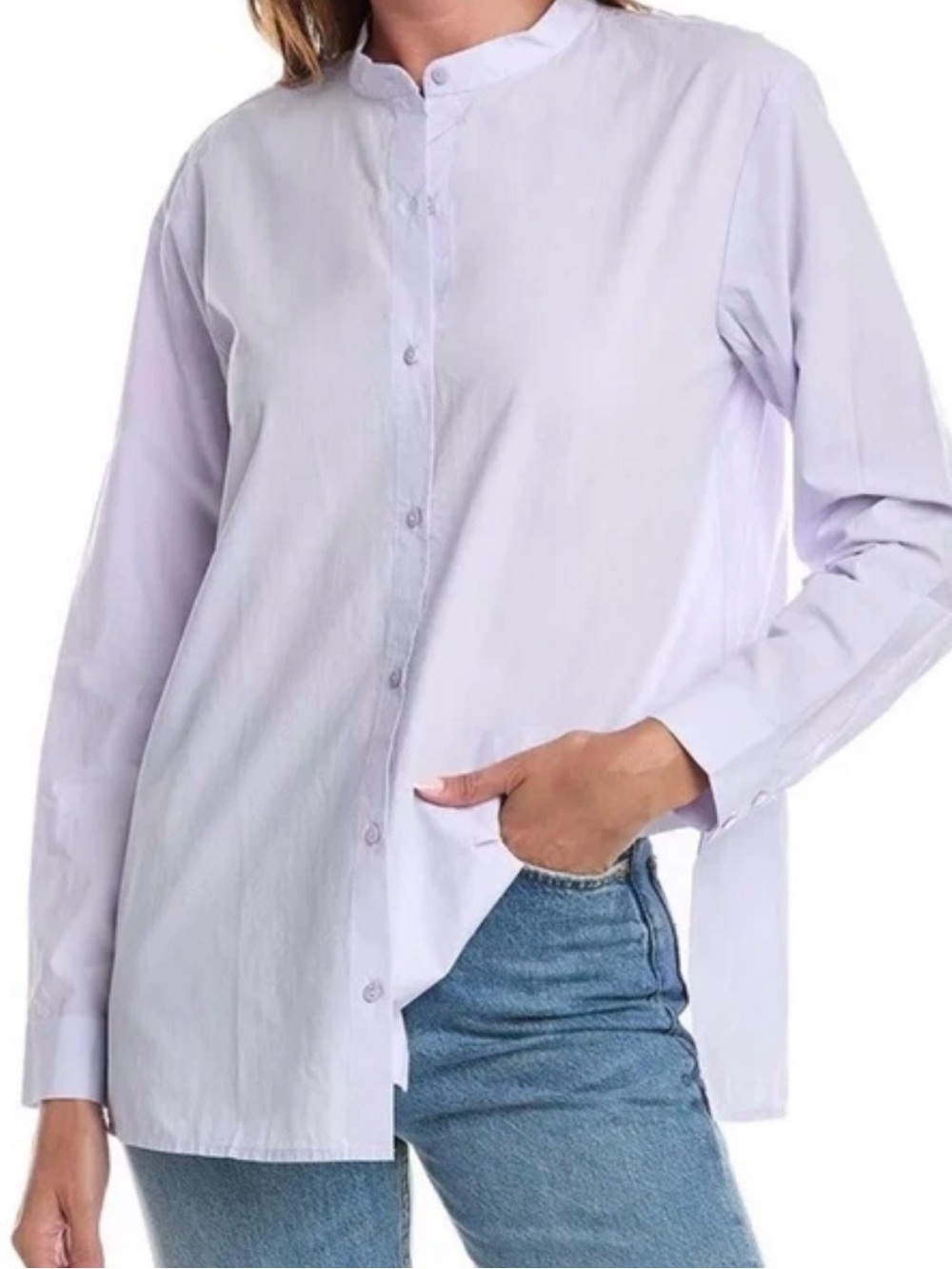 Eileen Fisher Mandarin Collar Shirt Lilac Lavender Organic Cotton Large